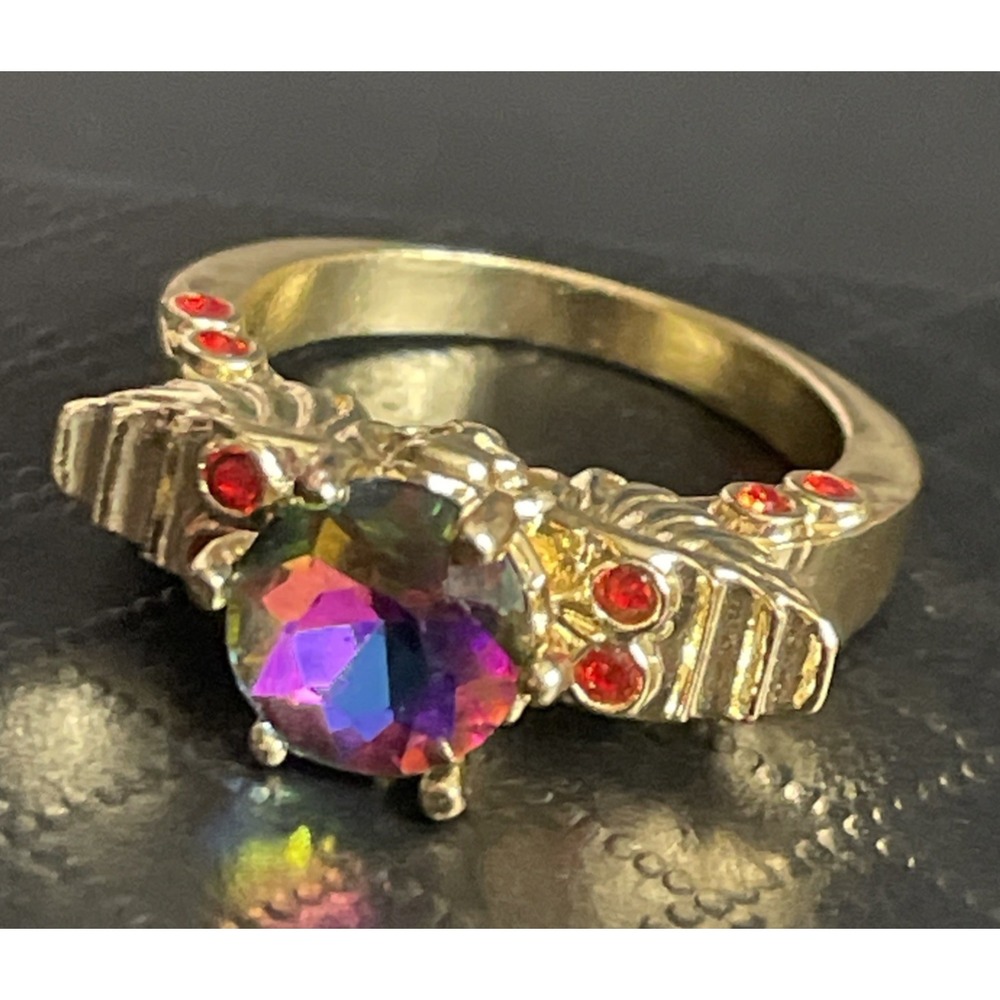 Rhinestone Winged Skull Ring Sz 8 Watermelon Solitaire Gold Tone Goth Statement